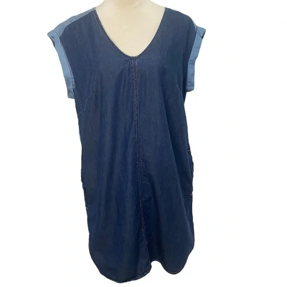 Melissa McCarthy Seven7 Colorblock Chambray Denim Shift Pocket Blue Dress Size S - Picture 6 of 8